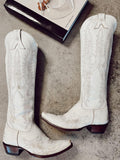 Embroidered Zip Snip Knee High Western Boots - Distressed White & Metallic Silver