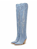 Denim Embroidered Chunky Heel Zipper Western Over-The-Knee Boots