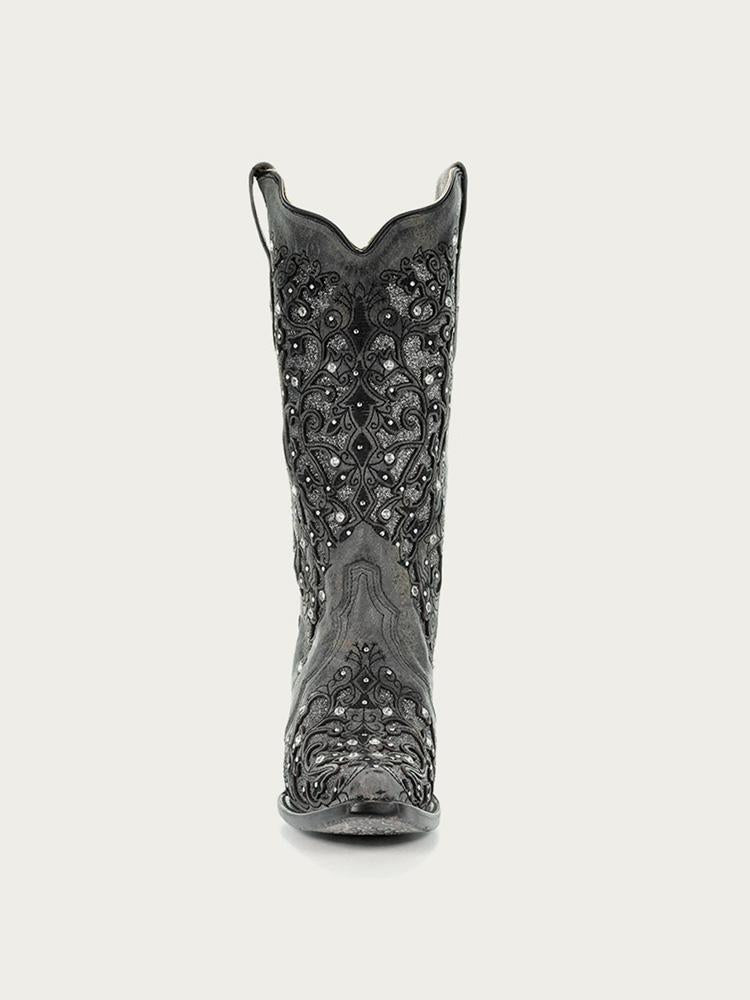 Rhinestones Cut-out Embroidery Snip-toe Wide Calf Cowgirl Boots