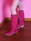 Pink Stud Fringe Stitch Zipper Pointy Cowgirl Mid Calf Boots