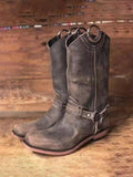 Vintage Brown Vegan Leather Metal Rings Round-toe Slip-on Mid-Calf Western Boots