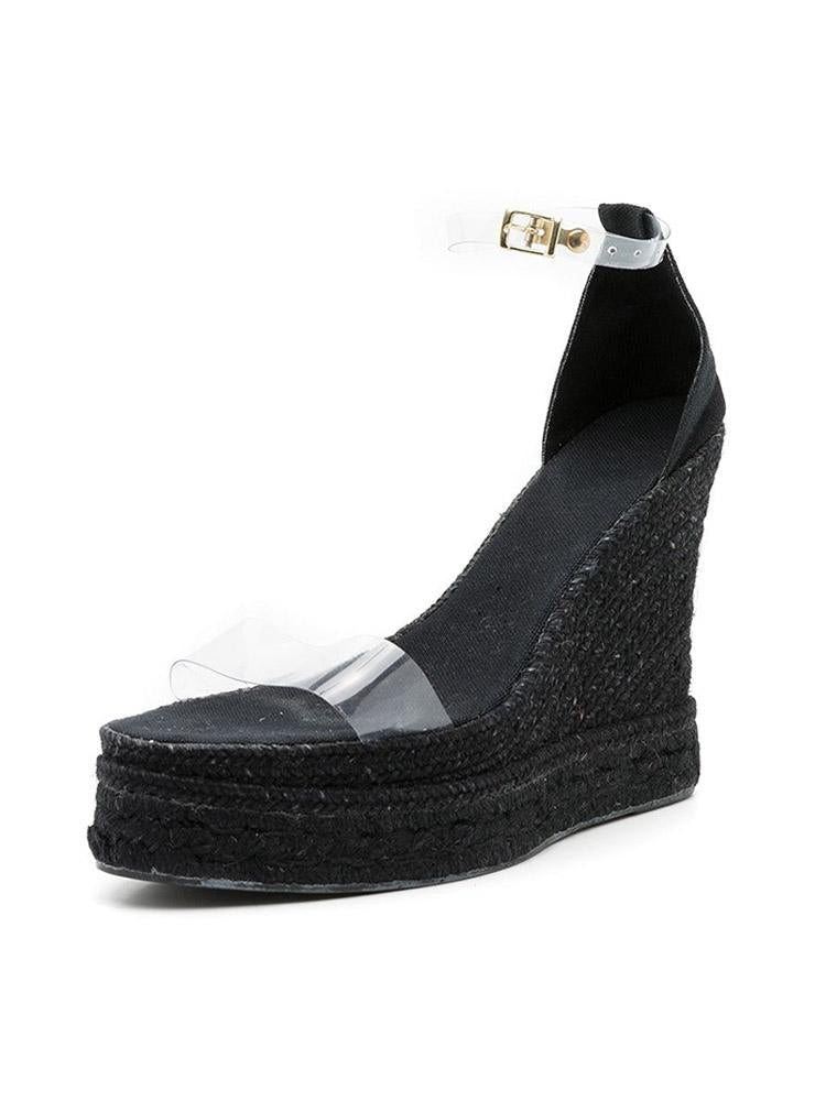 Clear Bands Black Cloth Open-toe Espadrille Wedge Sandals With Adjustable-strap