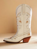 White Floral Embroidered Snip Chunky Heeled Wide Mid Calf Western Boots