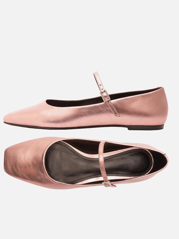 Metallic Buckled Strap Square Ballet Flats Mary Jane