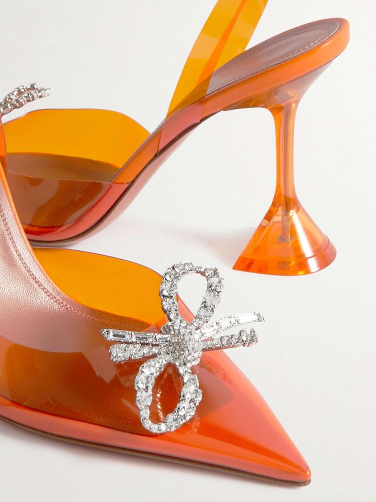 Orange Clear Rhinestone Bow Pointy Half Stiletto Half Flared Slingback Karma Pumps