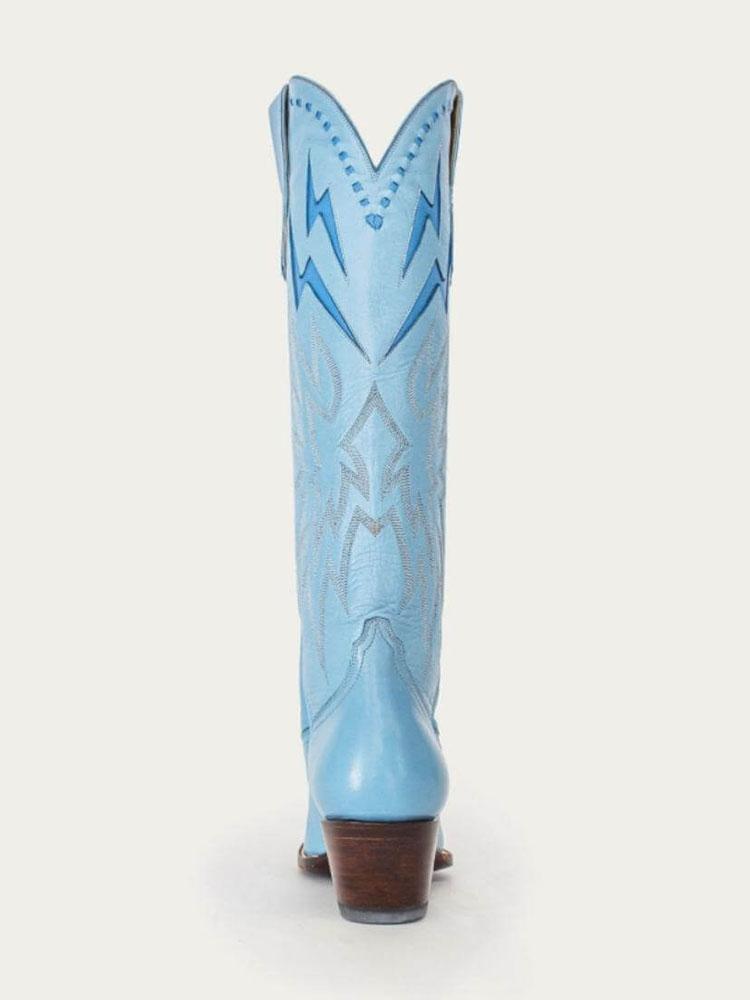 Powder Blue Inlay Lightning Knee High Boots Stitch Slip-On Round Cowgirl Heeled Boots