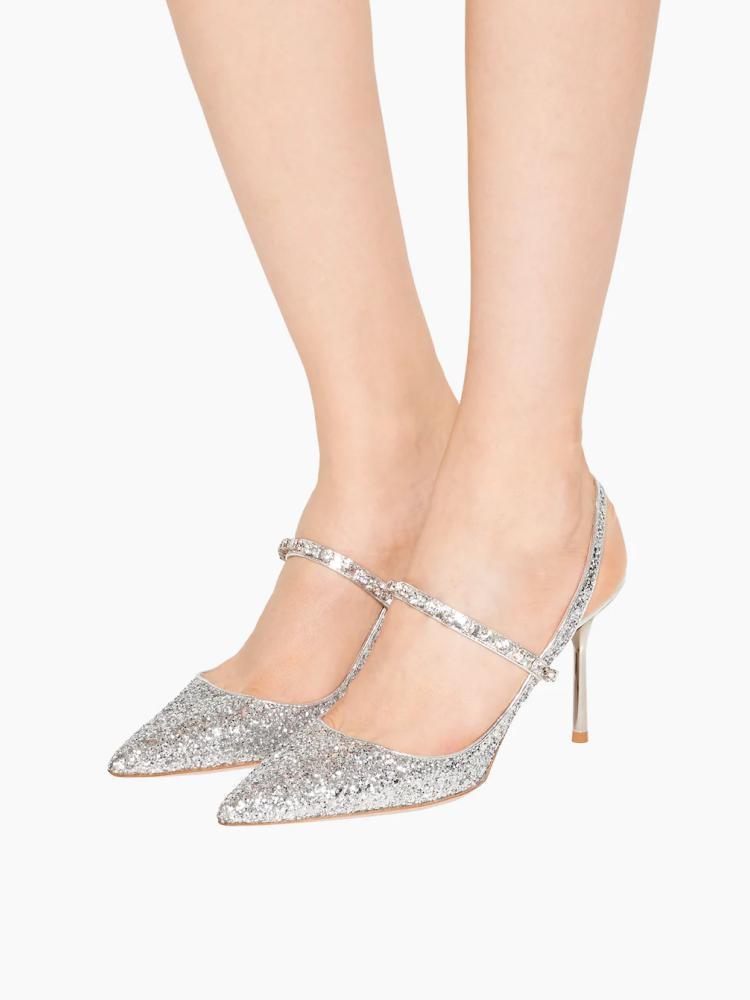 Silver Glitter Instep Strap Pointy Stiletto Slingback Pumps