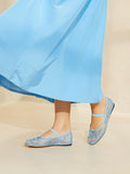 Blue Mesh Bow Round Rhinestone Ballet Flats With Elastic Instep Strap