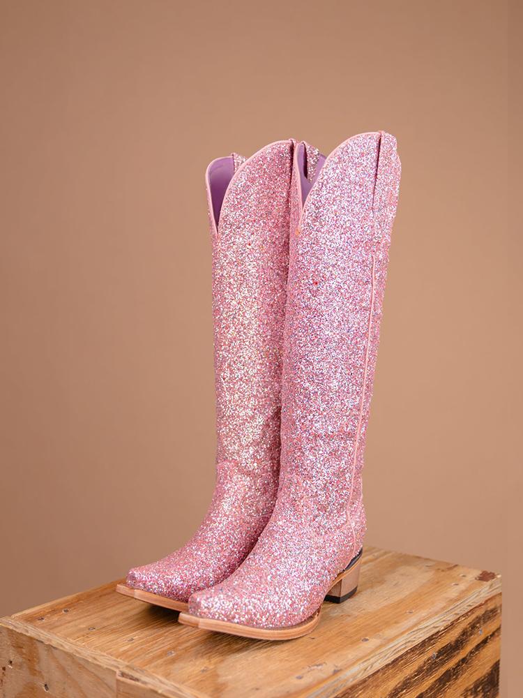 Glitter Snip Zipper Mid Calf Cowgirl Boots - Silver & Light Pink