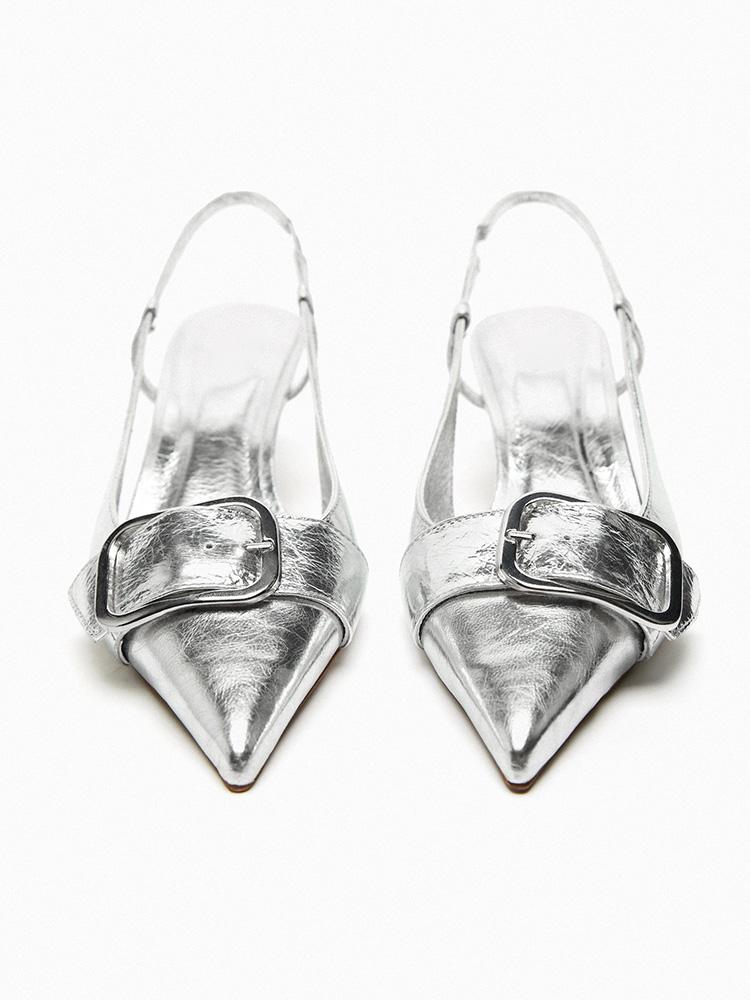 Metallic Silver Buckle Detail Slingback Pumps With Pointy Toe Kitten Heel