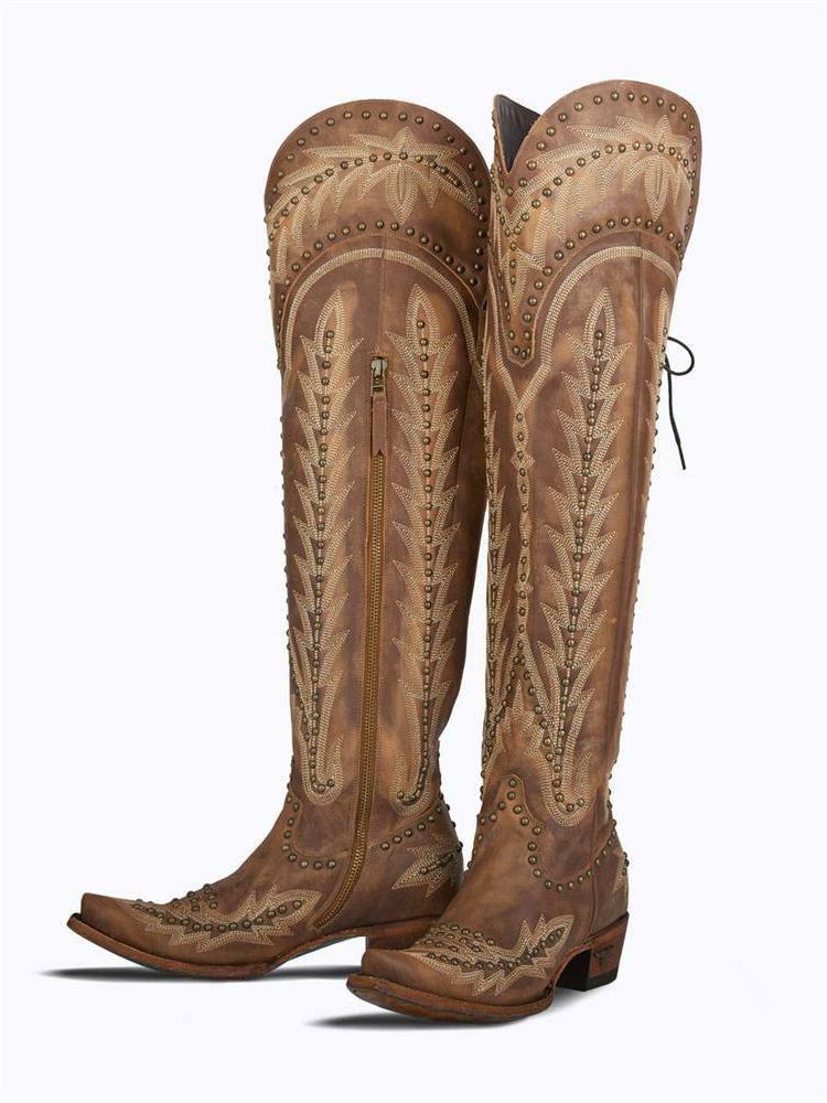 Bronze Grass Embroidered & Studded Zip Lace-Up Snip Toe Knee-High Western Boots