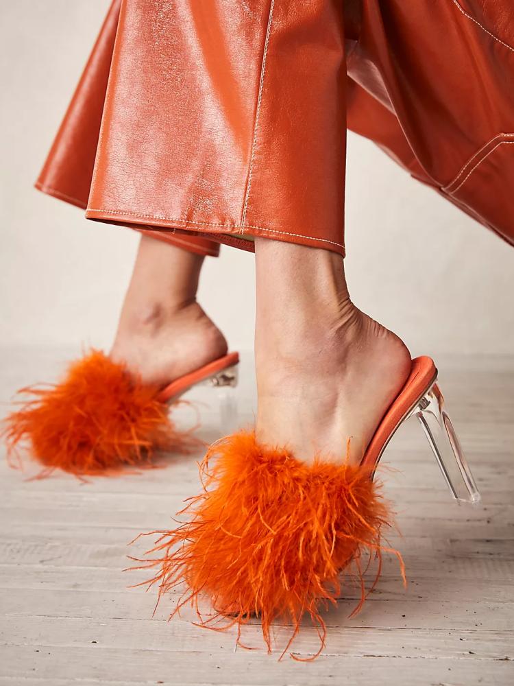 Fluffy Feather Round Toe Backless Slip-On Clear Heeled Sandals In Tan Blue Orange