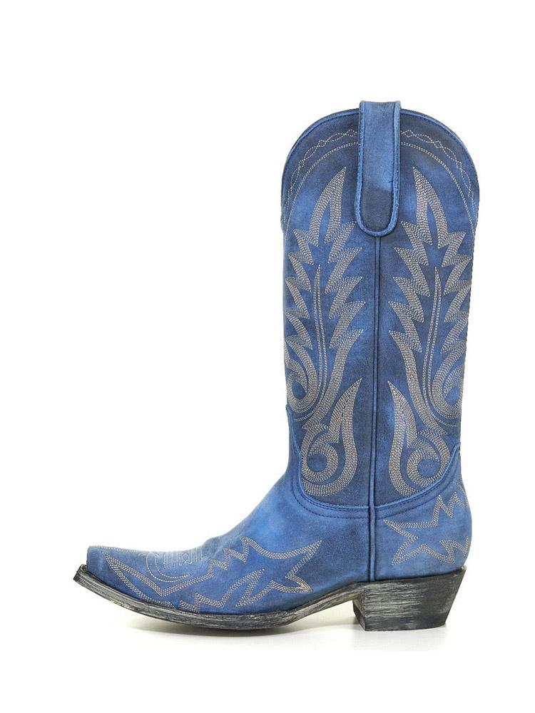 Azul Embroidered Snip-toe Slip-on Mid-Calf Western Cowgirl Boots