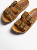 Brown Faux Suede Embroidery Two Bands Open-toe Flat Slippers With Metal Buckle