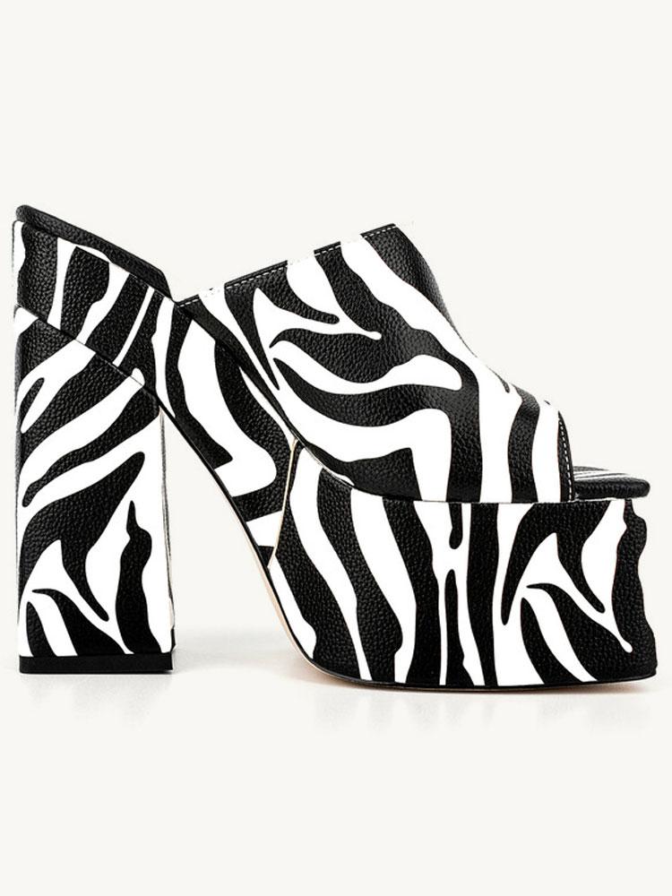 Black Zebra Stripe Backless Platform Block Heeled Sandals Open Square Toe Slip-On Heels