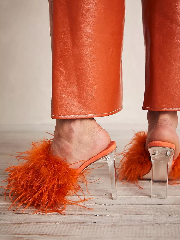 Fluffy Feather Round Toe Backless Slip-On Clear Heeled Sandals In Tan Blue Orange