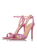 Metallic Cross Strap Pointy Stiletto Heeled Dress Sandals With Buckle Ankle Strap