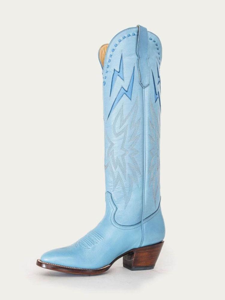 Powder Blue Inlay Lightning Knee High Boots Stitch Slip-On Round Cowgirl Heeled Boots