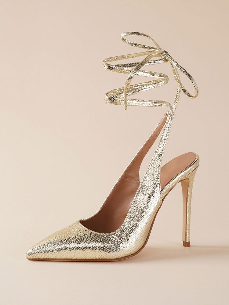 Metallic Snakeskin Lace-Up Pointy Stiletto Slingback Gladiator Pumps