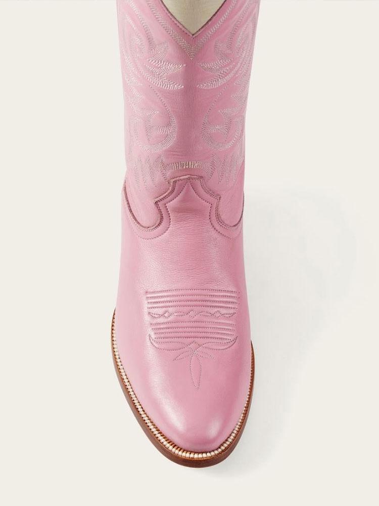 Pink Embroidered Inlay Heart Wide Calf Knee High Boots Round Toe Chunky Heeled Western Boots