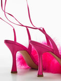 Pink Fluffy Feather Square Toe Flared Heeled Sandals Lace Up Gladiators