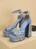 Fringed Square-toe Buckle Ankle Strap Chunky High Heel Platform Denim Sandals With Jewels