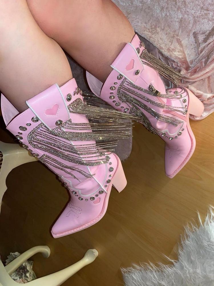 Pink Sparkly Rhinestone Fringe Cute Boots Heart Stitch Zip Pointy Mid-Calf Cowgirl Tall Boots