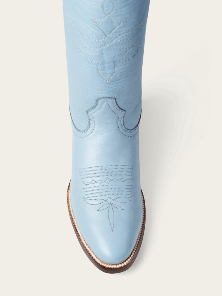 Blue Embroidered Wide Calf Knee High Boots Round Toe Western Heeled Boots