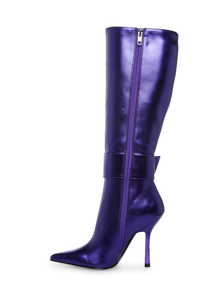 Fine Metallic Bright Buckle Zip Pointed Toe Stiletto Heel Mid Calf Boots