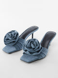 Denim Blue Floral Backless Slip-On Square Kitten Heeled Sandals