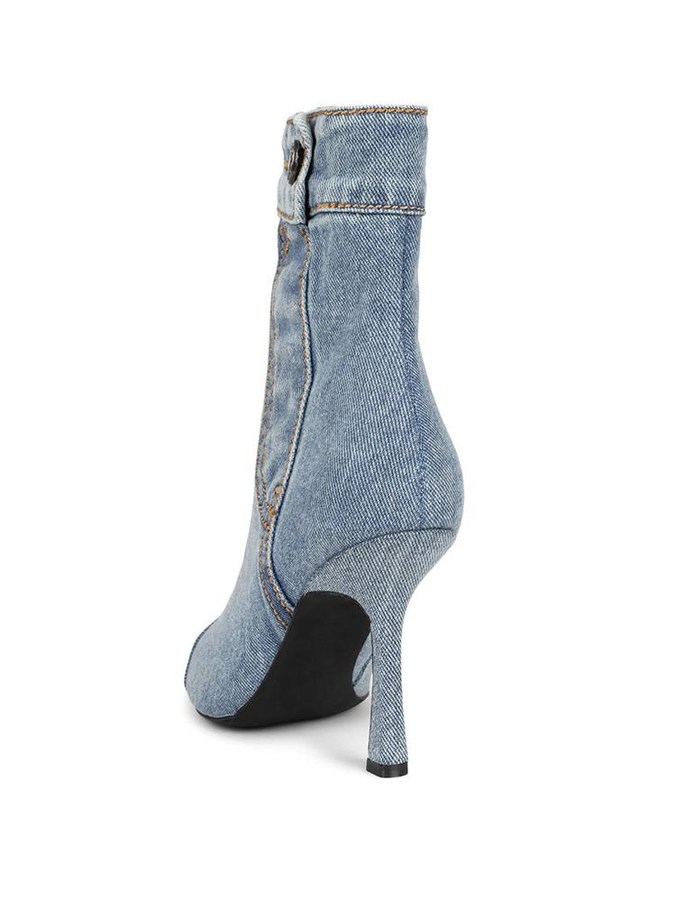 Denim Blue Button Zipper Pointed Toe Stiletto Heeled Ankle Boots