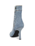 Denim Blue Button Zipper Pointed Toe Stiletto Heeled Ankle Boots