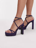 Purple Glitter Square Toe Block Heeled Sandals With Cross Ankle Strap Platform