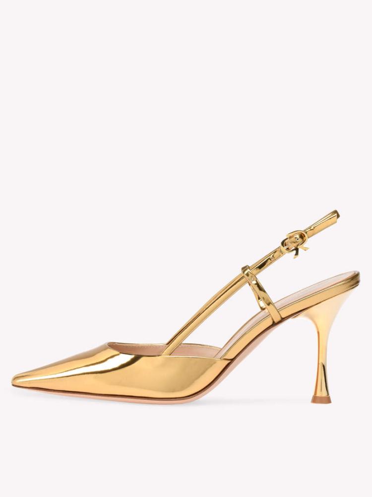 Gold Slingback Flared Heel Pumps Metal Ribbon Buckle Women Pumps