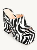 Black Zebra Stripe Backless Platform Block Heeled Sandals Open Square Toe Slip-On Heels