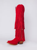 Red Faux Suede Fringe Embroidered Knee High Western Boots With Snip Toe Zipper