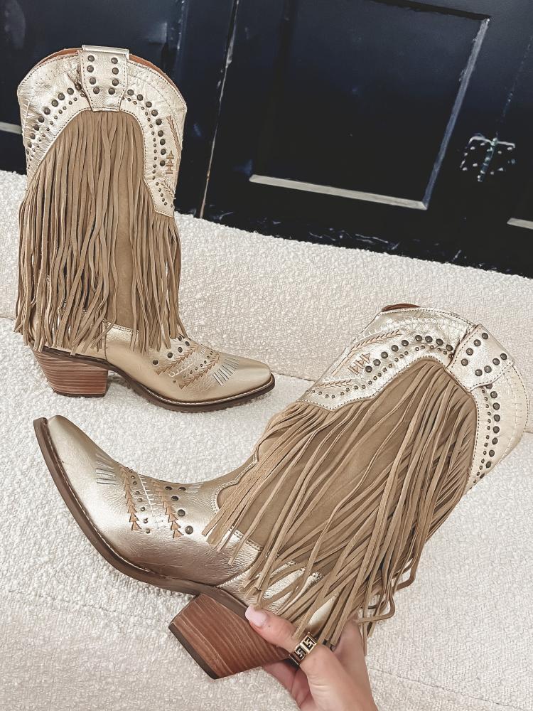 Metallic Stud Fringe Wide Mid Calf Boots Pointed Toe Block Heeled Western Cowgirl Boots