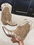 Metallic Stud Fringe Wide Mid Calf Boots Pointed Toe Block Heeled Western Cowgirl Boots