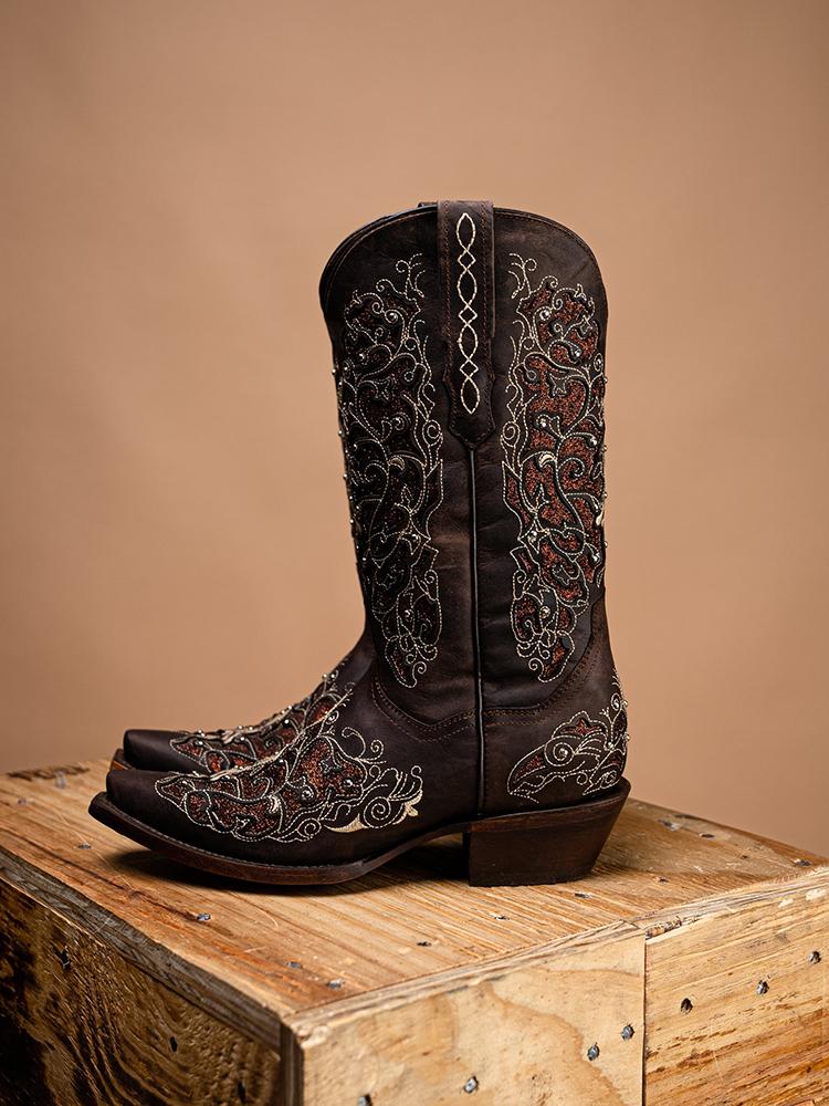 Filigree Cutout Embroidered Sparkling Inlay Stud Snip Wide Mid Calf Cowgirl Genuine Leather Boots