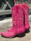 Hot Pink Embroidered Wide Mid Calf Boots Snip Toe Chunky Heeled Western Boots