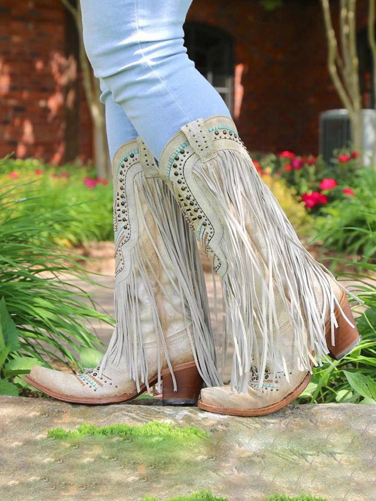 Studs Embroidered Snip-toe Slip-on Mid-Calf Western Cowboy Boots With Fringe