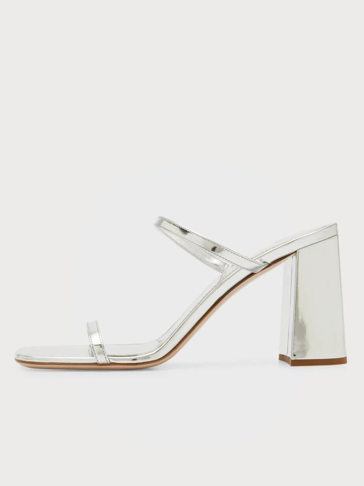 Metallic Silver Backless Slip-On Block Heeled Sandals With Square Toe Double Thin Strap