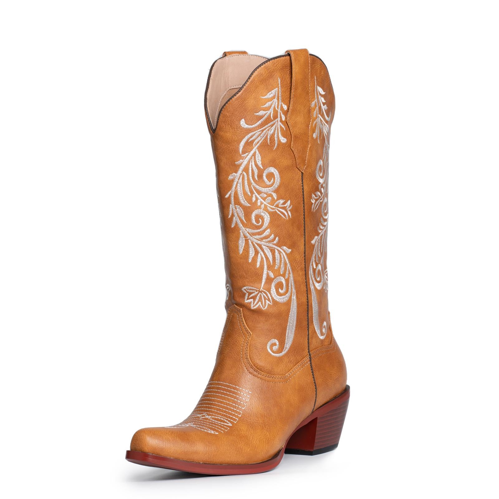 Tawny Floral Embroidered Wide Mid Calf Western Boots With Snip Toe