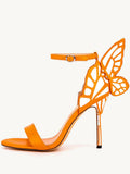 Orange Butterfly Stiletto Heeled Sandals With Round Toe Ankle Strap For Women