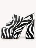 Black Zebra Stripe Backless Platform Block Heeled Sandals Open Square Toe Slip-On Heels