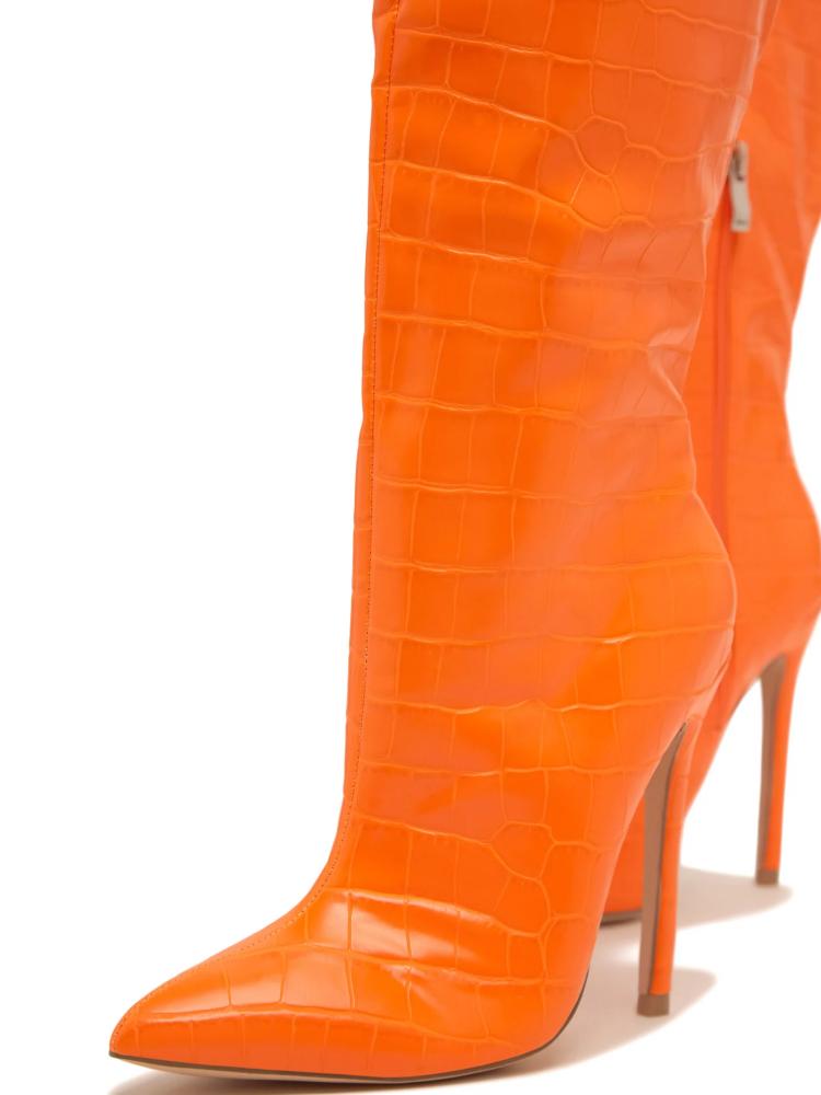 Crocodile Zip Pointy Stiletto Heeled Mid Calf Boots For Women