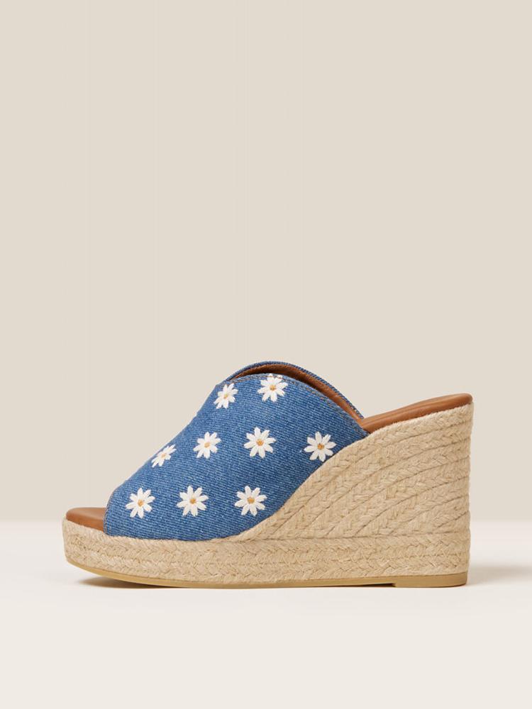 Denim Blue Daisy Embroidered Round Single Band Backless Slp-On Raffia Wdege Espadrilles Sandals