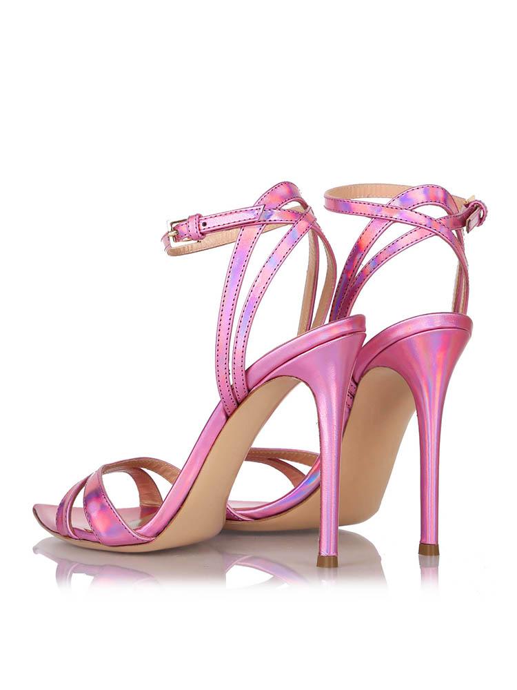 Metallic Cross Strap Pointy Stiletto Heeled Dress Sandals With Buckle Ankle Strap