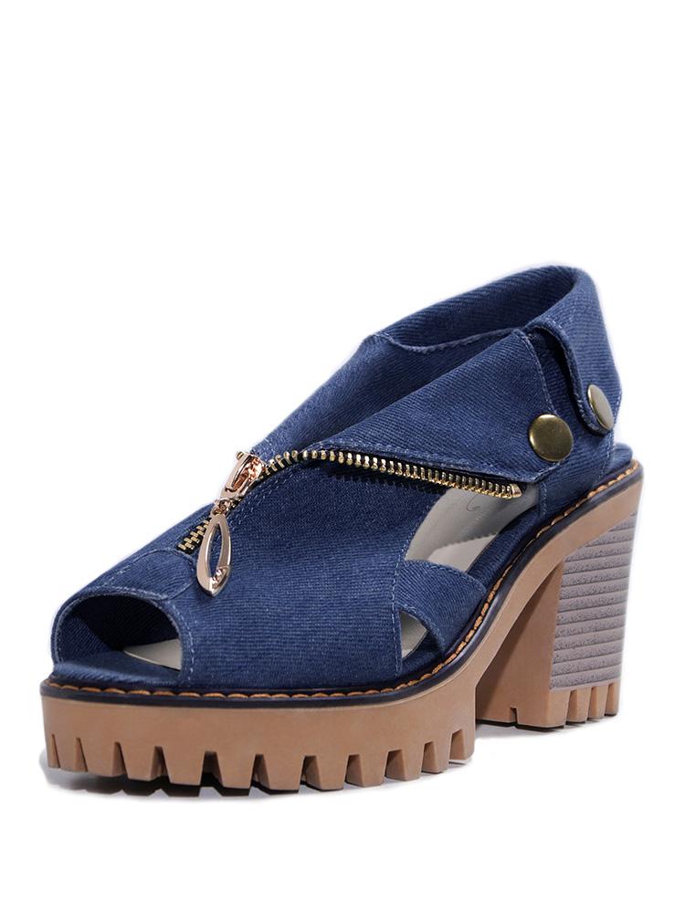 Denim Peep-toe Zip Thick Bottom Chunky High Heel Sandals With Buckles