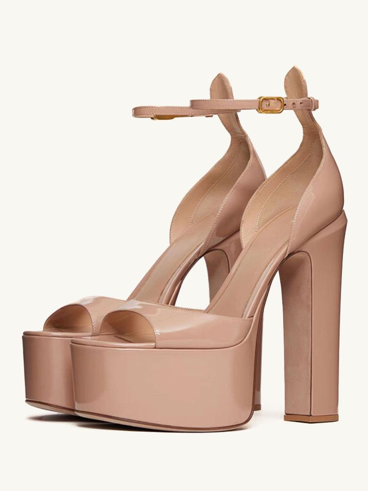 Nude Patent Platform Block Heeled Sandals With Ankle Strap Round Toe